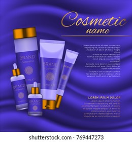 Vector 3D cosmetic illustration on a soft silk background. Beauty realistic cosmetic product design template