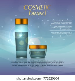 Vector 3D cosmetic illustration on a soft light background with flare effects. Beauty realistic cosmetic product design template