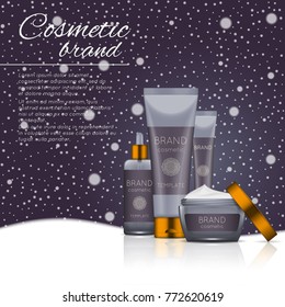 Vector 3D cosmetic illustration on a soft light background with flare effects. Beauty realistic cosmetic product design template.