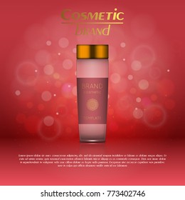 Vector 3D cosmetic illustration on a soft light blurred background with bokeh. Beauty realistic cosmetic product design template