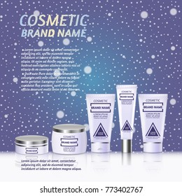Vector 3D cosmetic illustration on a soft light background with flare effects. Beauty realistic cosmetic product design template.