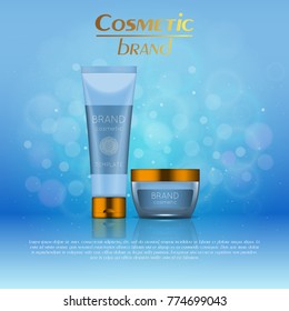 Vector 3D cosmetic illustration on a soft light blurred background with bokeh. Beauty realistic cosmetic product design template
