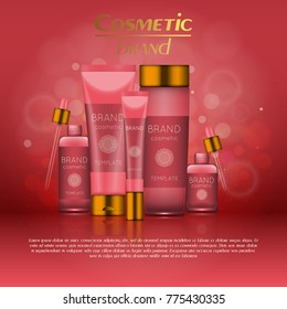 Vector 3D cosmetic illustration on a soft light blurred background with bokeh. Beauty realistic cosmetic product design template