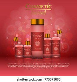 Vector 3D cosmetic illustration on a soft light blurred background with bokeh. Beauty realistic cosmetic product design template