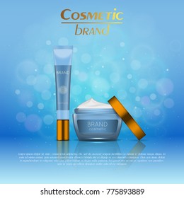 Vector 3D cosmetic illustration on a soft light blurred background with bokeh. Beauty realistic cosmetic product design template