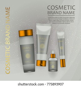 Vector 3D cosmetic illustration on a soft light waves background . Beauty realistic cosmetic product design template