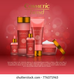Vector 3D cosmetic illustration on a soft light blurred background with bokeh. Beauty realistic cosmetic product design template