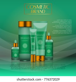 Vector 3D cosmetic illustration on a soft light waves background . Beauty realistic cosmetic product design template