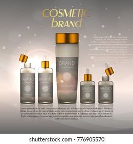 Vector 3D cosmetic illustration on a soft light background with flare effects. Beauty realistic cosmetic product design template