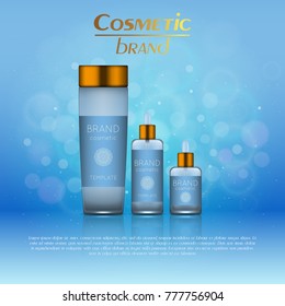 Vector 3D cosmetic illustration on a soft light blurred background with bokeh. Beauty realistic cosmetic product design template