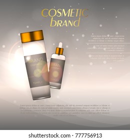 Vector 3D cosmetic illustration on a soft light background with flare effects. Beauty realistic cosmetic product design template