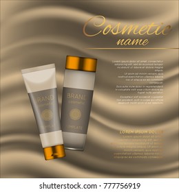 Vector 3D cosmetic illustration on a soft silk background. Beauty realistic cosmetic product design template