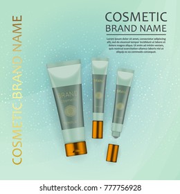Vector 3D cosmetic illustration on a soft light waves background . Beauty realistic cosmetic product design template