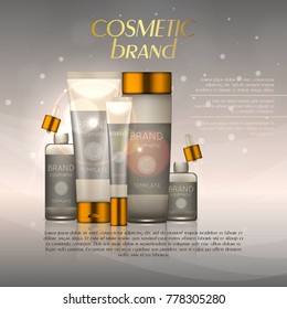 Vector 3D cosmetic illustration on a soft light background with flare effects. Beauty realistic cosmetic product design template