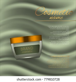 Vector 3D cosmetic illustration on a soft silk background. Beauty realistic cosmetic product design template