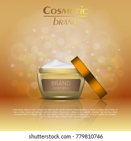 Vector 3D cosmetic illustration on a soft light blurred background with bokeh. Beauty realistic cosmetic product design template