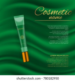 Vector 3D cosmetic illustration on a soft silk background. Beauty realistic cosmetic product design template