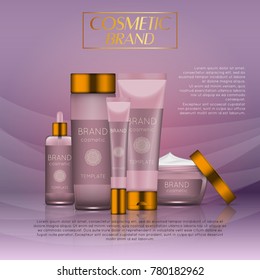 Vector 3D cosmetic illustration on a soft light waves background . Beauty realistic cosmetic product design template