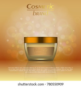 Vector 3D cosmetic illustration on a soft light blurred background with bokeh. Beauty realistic cosmetic product design template