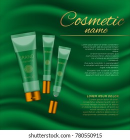 Vector 3D cosmetic illustration on a soft silk background. Beauty realistic cosmetic product design template