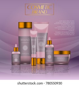 Vector 3D cosmetic illustration on a soft light waves background . Beauty realistic cosmetic product design template
