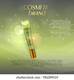 Vector 3D cosmetic illustration on a soft light background with flare effects. Beauty realistic cosmetic product design template