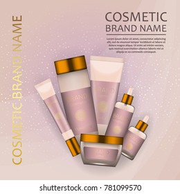 Vector 3D cosmetic illustration on a soft light waves background . Beauty realistic cosmetic product design template