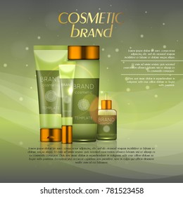 Vector 3D cosmetic illustration on a soft light background with flare effects. Beauty realistic cosmetic product design template