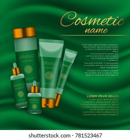 Vector 3D cosmetic illustration on a soft silk background. Beauty realistic cosmetic product design template