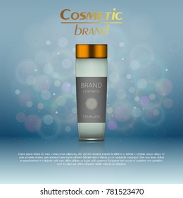 Vector 3D cosmetic illustration on a soft light blurred background with bokeh. Beauty realistic cosmetic product design template
