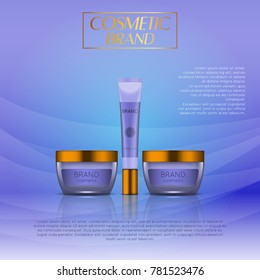 Vector 3D cosmetic illustration on a soft light waves background . Beauty realistic cosmetic product design template