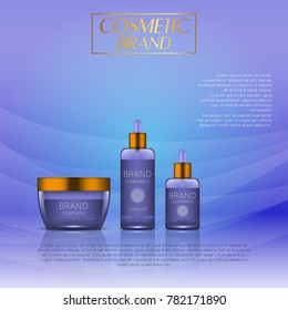 Vector 3D cosmetic illustration on a soft light waves background . Beauty realistic cosmetic product design template