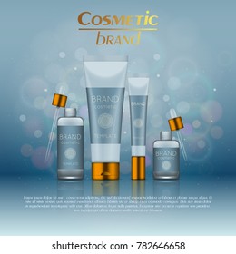 Vector 3D cosmetic illustration on a soft light blurred background with bokeh. Beauty realistic cosmetic product design template