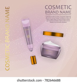 Vector 3D cosmetic illustration on a soft light waves background . Beauty realistic cosmetic product design template