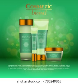 Vector 3D cosmetic illustration on a soft light blurred background with bokeh. Beauty realistic cosmetic product design template