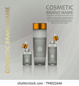 Vector 3D cosmetic illustration on a soft light waves background . Beauty realistic cosmetic product design template