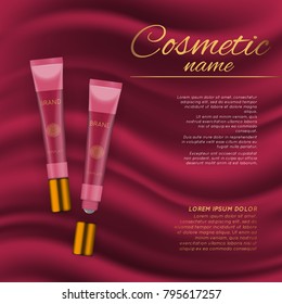 Vector 3D cosmetic illustration on a soft silk background. Beauty realistic cosmetic product design template