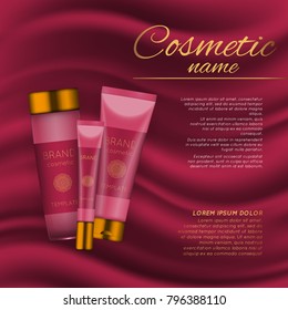 Vector 3D cosmetic illustration on a soft silk background. Beauty realistic cosmetic product design template