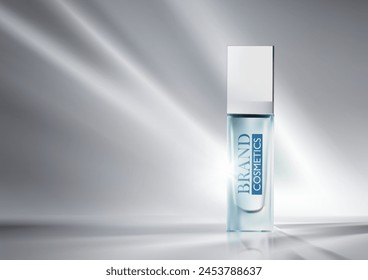 Vector 3D cosmetic illustration . poster with cosmetic premium products . background with beautiful tubes and beams of light .