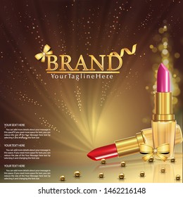 Vector 3D cosmetic illustration for the promotion of lipstick premium product. Red lipstick, pink lipstick with golden pearls.