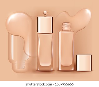 Vector 3D cosmetic illustration for the promotion of foundation premium product. Colorstay make-up in glass bottles on a soft beige background.
