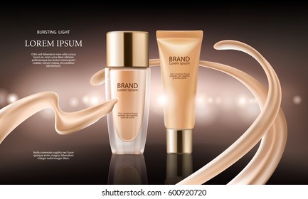 Vector 3D cosmetic illustration for the promotion of foundation premium product. Colorstay make-up in glass bottle and tube.