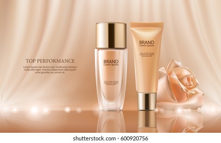 Vector 3D cosmetic illustration for the promotion of foundation premium product. Colorstay make-up in glass bottle and tube on a soft beige background with a rose - Shutterstock ID 600920756
