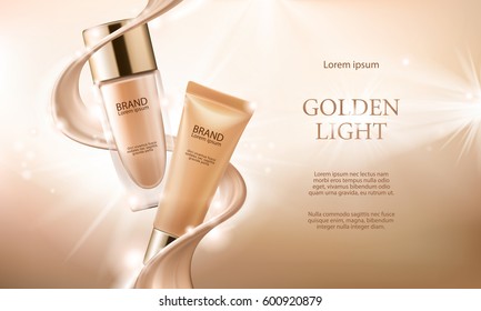 Vector 3D cosmetic illustration for the promotion of foundation premium product. Colorstay make-up in glass bottle and tube.