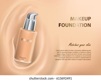 Vector 3D cosmetic illustration for the promotion of foundation premium product. Colorstay make-up in the elegant glass bottle