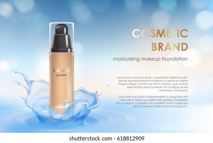 Vector 3D cosmetic illustration for the promotion of moisturizing foundation premium product. Colorstay make-up in glass bottle on a light blue background with a water splash