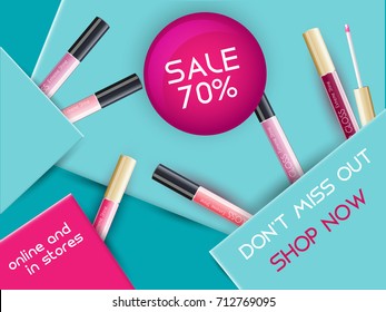 Vector 3D cosmetic illustration realistic lip gloss make up product. Package design with bottle. Online Sale Ads, magazine or catalog template design on commercial background