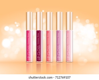 Vector 3D cosmetic illustration realistic lip gloss make up product. Package design with bottle. Ads, magazine or catalog template design on commercial background