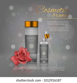 Vector 3D cosmetic illustration with rose and bokeh background. Beauty realistic cosmetic product design template