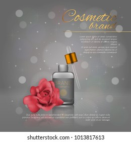 Vector 3D cosmetic illustration with rose and bokeh background. Beauty realistic cosmetic product design template